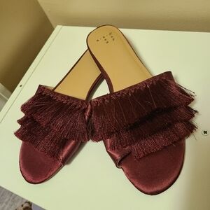 A New Day Red Layered Ruffle Tassel Fringe Slide Sandals